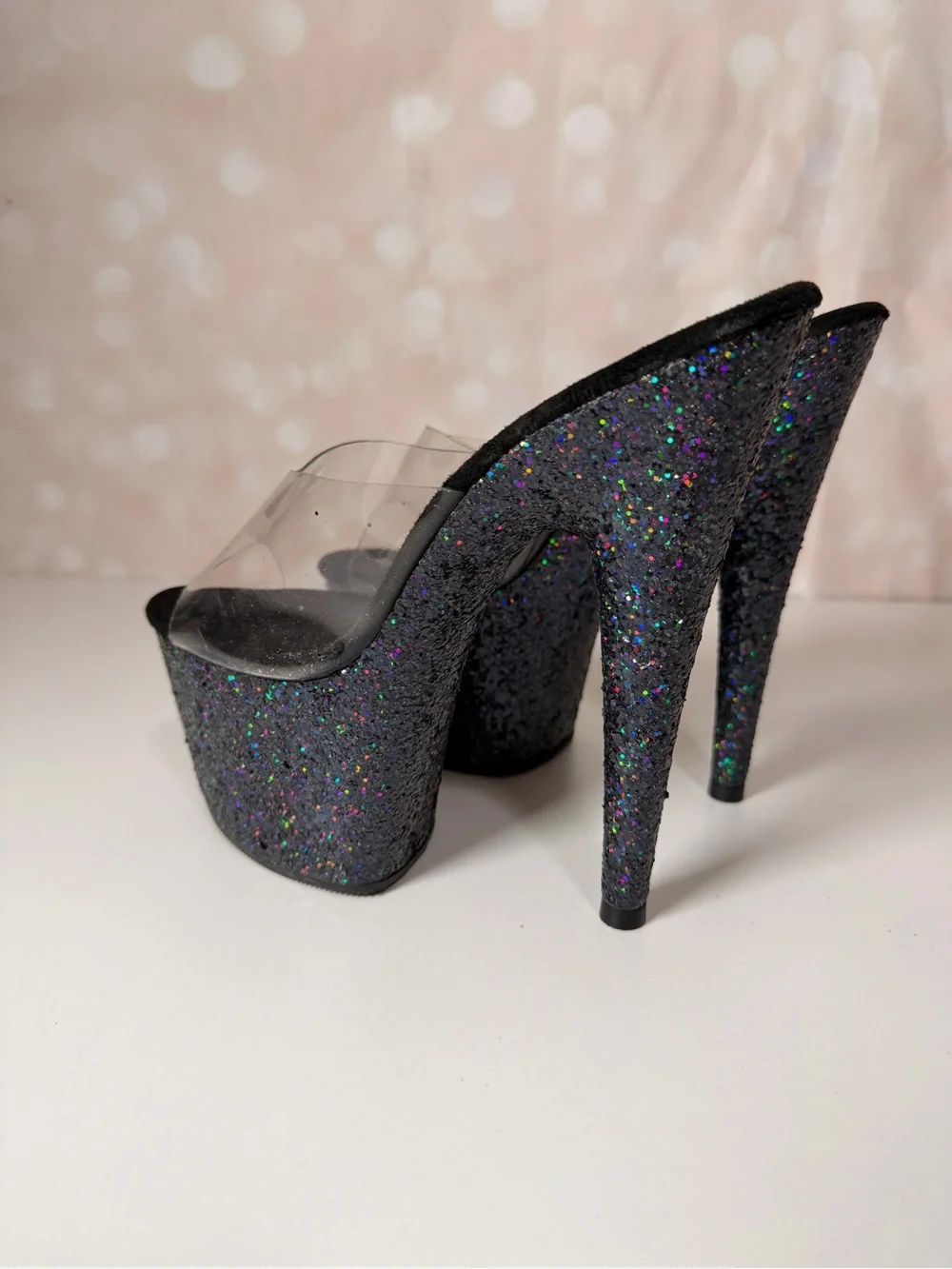 PLEASER Black Glitter Platform Heels Mules Sandals